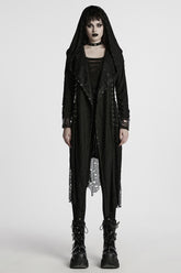 Black Long Sleeves Stitching Hooded Mesh Ripped Women's Gothic Coat